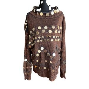 Vintage Bonnie Boerer Co. Sweater Sparkle Jingle Coin Queen Elizabeth Brown Sz M
